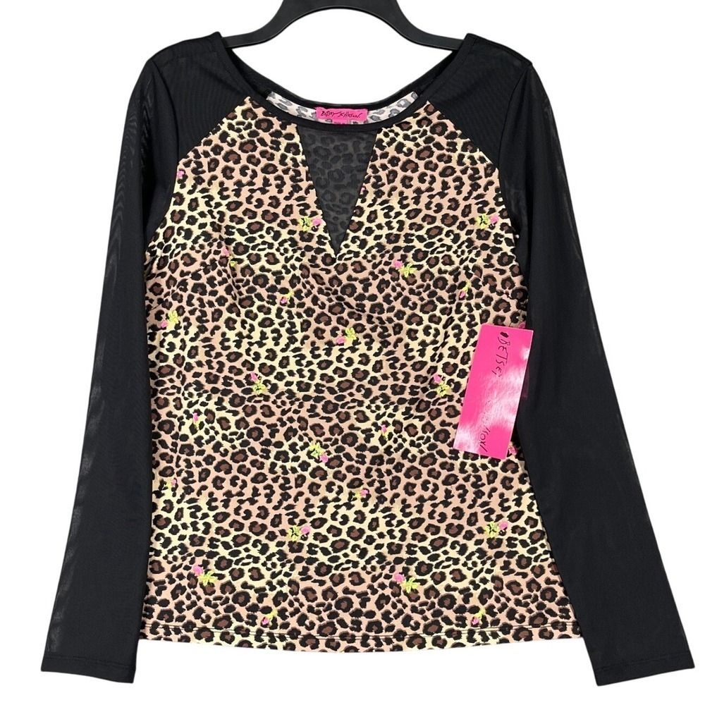 Betsey Johnson Black Long Sleeve Leopard Print Top with Pink Accents